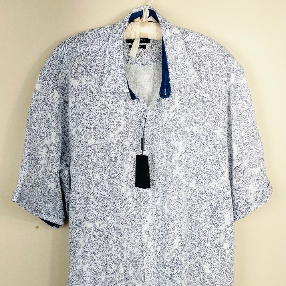 NWT BUGATCHI Shirt XL %100 Cotton Linen in Navy Blue and White XL